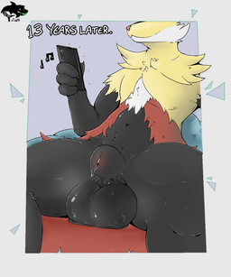 after_transformation animal_genitalia anthro balls big_balls black_balls black_body bodily_fluids claws electronics fully_sheathed genital_fluids genitals hairless_balls male multicolored_body navel permanent_transformation phone precum pubes sheath sitting solo malaki nintendo pokemon canid canine delphox generation_6_pokemon mammal pokemon_(species) 5:6 hi_res