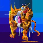 abstract_art anthro chair furniture kerchief male mascot muscular muscular_male neckerchief on_chair sitting sitting_on_chair solo cagorical frosted_flakes kellogg's tony_the_tiger felid mammal pantherine tiger 1:1 absurd_res hi_res