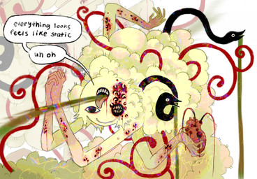 ambiguous_gender black_body bodily_fluids body_horror fur gore group heart_(organ) holding_heart_(organ) holding_own_hand horror_(theme) ill open_mouth organs parasite surrealism teeth tendrils text trypophobia unusual_anatomy vomit vomiting what what_has_science_done yellow_body yellow_fur jejejunum arthropod insect larva maggot monster 2026 digital_drawing_(artwork) digital_media_(artwork) english_description english_text hi_res