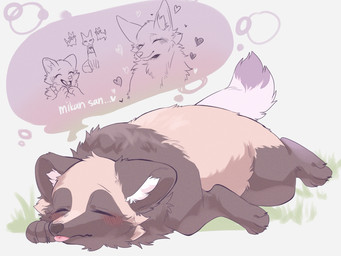 black_nose blep blush brown_body brown_ears brown_fur brown_tail_tip cheek_tuft dipstick_tail dream eyes_closed facial_tuft female feral fluffy fluffy_tail fur group heart_symbol inner_ear_fluff lying male markings multicolored_body multicolored_fur on_front pointy_ears prick_ears quadruped sleeping snout solo tail tail_markings tan_body tan_fur thought_bubble tongue tongue_out trio tuft two_tone_body two_tone_fur white_inner_ear_fluff white_tail kurumilky6 hakuri_(kurumilky6) kuroko_(kurumilky6) marimo_(kurumilky6) mikan_(kurumilky6) canid canine fox mammal raccoon_dog tanuki 2026 4:3 digital_media_(artwork) hi_res line_art shaded