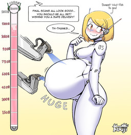 blush breasts donation_drive female machine medical_examination medium_breasts navel nervous nipples not_furry outie_navel pregnant solo text tsukiji millie_(tsukiji) android humanoid robot english_text hi_res