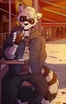 afternoon anthro autumn beverage bottomwear cafe cellphone chill clothing coffee electronics fluffy hoodie jacket male outside pants phone relaxing sitting smartphone solo street sun sunset text topwear spiritd mammal procyonid raccoon 2023 hi_res url