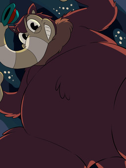 anthro belly brown_body brown_fur clothing crotch_focus featureless_crotch fur grin hat hat_only headgear headgear_only headwear headwear_only low-angle_view male moobs moon mostly_nude night null one_eye_closed overweight overweight_male proboscis_(anatomy) smile solo spread_legs spreading thick_thighs trunk_(anatomy) wink worm's-eye_view eclipticafusion cuphead_(game) sidney_the_snout anteater mammal pilosan xenarthran absurd_res hi_res