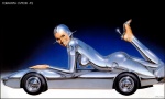 breasts butt car car_humanoid chevrolet_corvette clothing cybernetics cyborg female footwear glistening glistening_body hajime_sorayama high_heels humanoid living_car living_machine living_vehicle lying machine nipples non-mammal_nipples not_furry nude on_front pinup pose simple_background smile solo technophilia uncanny_valley vehicle what