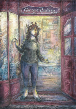 anthro antique bottomwear brown_body brown_fur brown_hair clothing cloven_hooves doorway entry_way female fur green_eyes hair hooves horn inner_ear_fluff long_neck markings ossicone pants solo spots spotted_body spotted_fur spotted_markings spotted_tail standing store sweater tail tail_markings tail_tuft tall tan_body tan_fur topwear tuft turtleneck welcoming taski_guru gracey_halvenka giraffe giraffid mammal 2020 hi_res painting_(artwork) traditional_media_(artwork) traditional_painting_(artwork)