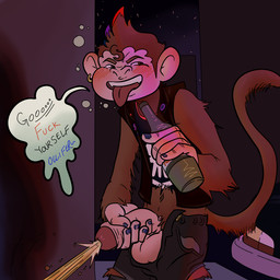 adolescent alternative_fashion anthro bodily_fluids brown_body brown_fur brown_hair clothed clothing colored_nails dialogue fur genital_fluids genitals hair highlights_(coloring) humanoid_genitalia humanoid_penis male male_peeing nails peeing penis piercing police police_lights profanity public public_exposure punk shota solo speech_bubble text underage_drinking urine urine_stream watersports young cyndiquill200 punkey_(character) haplorhine mammal monkey primate 1:1 colored english_text