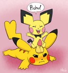 balls big_balls big_ears blush cleft_tail duo female feral fur genitals grumpy happy male male/female penis pink_background pokemon_speak simple_background speech_bubble tail tapering_penis text yellow_balls yellow_body yellow_fur heshieokf nintendo pokemon generation_1_pokemon generation_2_pokemon pichu pikachu pokemon_(species) english_text hi_res signature