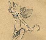 barely_contained big_ears clothing erection genitals holding_tail horn looking_at_viewer male nipples not_furry penis pose sharp_teeth side_view simple_background slim solo spade_tail standing tail teasing teeth tenting thin_thighs thong tongue tongue_out underwear tush_(artist) tush_(character) humanoid imp graphite_(artwork) greyscale hi_res monochrome pinup traditional_media_(artwork)