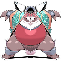 anthro armor balls barazoku brown_body brown_fur fur genitals kemono male overweight overweight_male simple_background solo weapon sigenoya takotyutyu yaiba_(series) bear mammal 1:1 2025 absurd_res hi_res