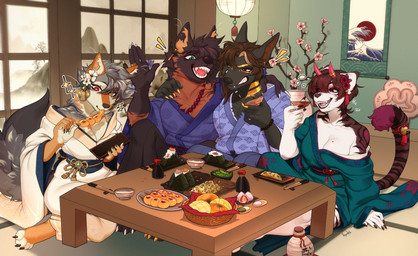 alcohol anthro asian_clothing beaded_jewelry beads bell beverage breasts bubble chopsticks claws cleavage clothed clothing container cup dango_(food) decoration detailed_background drunk drunk_bubble east_asian_clothing edamame female food fruit group gyoza hand_on_shoulder horn japanese japanese_clothing jewelry kimono laugh male neck_tuft onigiri plant rice ring sake sake_bottle soy_sauce sparkles strawberry substance_intoxication tuft nyushi elroc_(character) fhyra kammy_(kammysmb) nyu_(nyufluff) anubian_jackal canid canine canis felid feline hyena jackal mammal striped_hyena hi_res