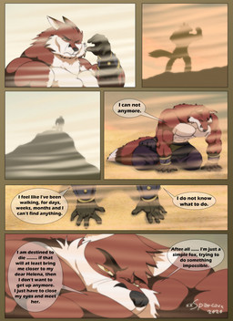 abs anthro armor big_muscles bottomwear bracers clothing desert dialogue eyes_closed fur huge_muscles kneeling male multicolored_body multicolored_fur muscular muscular_anthro muscular_male one_eye_closed red_body red_fur sand sandstorm solo speech_bubble text two_tone_body two_tone_fur white_body white_fur xxsparcoxx teofacio_larna canid canine fox mammal red_fox true_fox 2020 comic digital_media_(artwork) english_text hi_res