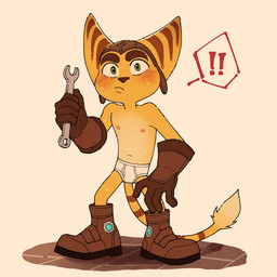 anthro blush bodily_fluids boots briefs brown_body brown_boots brown_clothing brown_footwear brown_fur brown_gloves brown_handwear clothed clothing embarrassed embarrassed_expression embarrassing_nudity exclamation_point exposed_underwear eyebrows footwear fur gloves green_eyes handwear holding_object holding_tool holding_wrench male markings monotone_briefs monotone_clothing monotone_underwear navel nipples shoes solo striped_markings stripes sweat tan_body tan_fur thick_eyebrows tighty_whities tools topless topless_anthro topless_male underwear white_briefs white_clothing white_underwear wrench yellow_body yellow_fur agitongu ratchet_and_clank sony_corporation sony_interactive_entertainment ratchet_(ratchet_and_clank) lombax mammal 1:1 hi_res