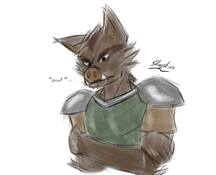 anthro armor brown_body brown_fur crossed_arms fur hair male muscular pig_nose solo spiky_hair tusks slogstin mammal suid suine sus_(pig) wild_boar concept_art hi_res sketch