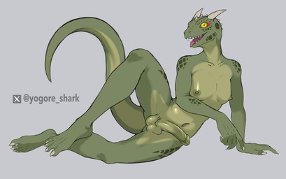 5_fingers 5_toes anthro arm_support balls bent_leg countershade_genitalia countershade_legs countershade_neck countershade_tail countershade_thighs countershade_torso countershading erection eye_markings fangs feet fingers genitals glans green_body horn humanoid_genitalia humanoid_penis leaning leaning_sideways looking_at_viewer lying male markings navel nipples nude nude_anthro nude_male on_side open_mouth penis plantigrade red_markings scales sharp_teeth solo spread_legs spreading tail teeth text toes tongue tongue_out yellow_eyes yogore_shark microsoft the_elder_scrolls argonian scalie artist_name hi_res shaded