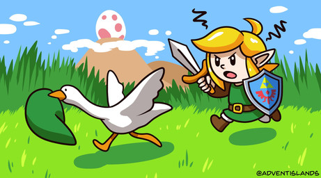 angry beak belt beret black_eyes blonde_hair boots buckle chasing chibi clothing cloud egg feral footwear grass grassland hair hat headgear headwear holding_melee_weapon holding_object holding_sword holding_weapon humanoid_pointy_ears humor male melee_weapon mountain mouth_hold outside plant pointy_ears public running shield shirt shoes sky spread_wings stealing sword topwear tunic weapon wings jussi_simpanen link's_awakening nintendo the_legend_of_zelda untitled_goose_game goose_(untitled_goose_game) link anatid anseriform anserine avian bird goose humanoid hylian 2019 crossover hi_res signature