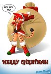 anthro big_breasts black_stripes blue_eyes breasts clothed clothing cosplay costume female fur hair holiday_message holidays orange_body orange_fur panties red_hair robe santa_costume solo stripes tail text underwear nekonny caribbean_blue christmas tina_(caribbean_blue) felid mammal pantherine tiger english_text