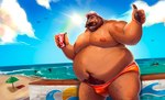 anthro beach belly big_belly brown_body can clothing cloud container detailed_background group hat headgear headwear humanoid_hands male moobs navel nipples one_eye_closed solo_focus swimwear water wink shibadoodles bear mammal 2024 hi_res