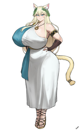 5_toes arm_warmers armlet armwear big_breasts blonde_hair blue_eyes breasts clothing dress eyebrows eyelashes feet female hair hand_on_hip huge_breasts humanoid_feet jewelry laurel_wreath necklace nipple_outline plantigrade solo tail toes batako animal_humanoid cat_humanoid felid felid_humanoid feline feline_humanoid humanoid mammal mammal_humanoid 2026 hi_res