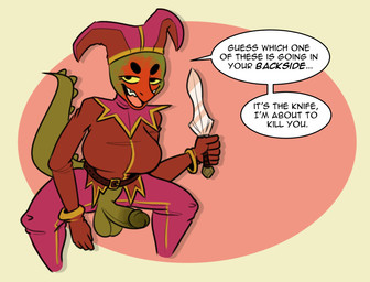 anthro balls belt bodypaint dagger dialogue face_paint genitals glans green_balls green_glans green_penis gynomorph humanoid_genitalia humanoid_penis intersex jester looking_at_viewer melee_weapon non-mammal_balls penis simple_background solo text unzipped unzipped_pants weapon yellow_eyes zipper komdog lizard reptile scalie english_text hi_res