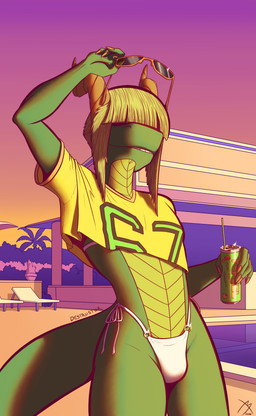 anthro beverage beverage_can bikini clothed clothing crossdressing crossdressing_male eyewear femboy hair hair_over_eyes horn male midriff number_on_clothing number_on_topwear outside poolside side-tie_bikini six_seven solo string_bikini sunglasses sunset swimwear text two-piece_swimsuit destrustor gta_vi_cover_girl mythology tolenn_raspex dragon mythological_creature mythological_scalie scalie absurd_res artist_name hi_res
