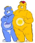 anthro belly blue_body blush clothing duo eyes_closed hat headgear headwear male overweight overweight_male simple_background white_background yellow_body shyybuchi care_bears funshine_bear grumpy_bear bear mammal 2021