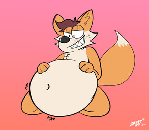 after_vore anthro belly big_belly black_nose bloated blush blush_lines cartoon_freckles chest_tuft facial_tuft freckled_face freckles gradient_background grin hand_on_belly head_tuft holding_belly huge_belly hyper hyper_belly inner_ear_fluff kneeling male male_pred navel nude oral_vore overweight overweight_male simple_background slight_blush smile smug smug_pred solo toony tuft vore chadzadd zaddcomix the_fox_(huckleberry_bleu) canid canine fox mammal hi_res