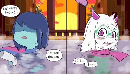 anthro blue_body blue_hair blue_skin dialogue duo eyewear fur glasses green_eyewear green_glasses hair horn partially_submerged pink_horn pink_scarf scarf speech_bubble text water wet wet_body wet_fur wet_skin white_body white_fur tomtotap deltarune undertale_(series) kris_dreemurr ralsei bovid caprine goat human mammal 2026 comic english_text hi_res