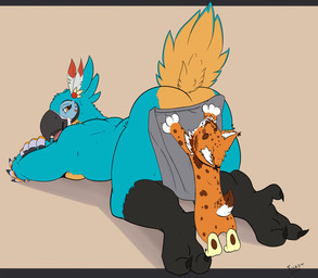 ambiguous_gender anthro anus barely_visible_anus beak blue_body blue_feathers butt chibi duo feather_hands feathers fur looking_at_viewer looking_back looking_back_at_viewer male nude orange_body orange_fur presenting presenting_hindquarters raised_tail size_difference smile tail tail_feathers yellow_body yellow_feathers fuzzylynx breath_of_the_wild nintendo the_legend_of_zelda kass_(tloz) avian felid feline lynx mammal rito absurd_res digital_media_(artwork) hi_res
