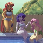 1:1 2023 anthro anthrofied bikini biped breasts cleavage clothed clothing detailed_background digital_media_(artwork) equestria_girls eyelashes female fluttershy_(eg) group hair hasbro human kevinsano mammal my_little_pony one-piece_swimsuit open_mouth open_smile pink_hair pupils purple_hair rarity_(eg) red_hair sitting smile sunset_shimmer_(eg) swimming_pool swimwear thick_thighs trio white_body yellow_body