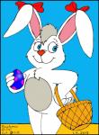 4_fingers anthro basket blue_background blue_eyes bow_knot container egg female fingers front_view fur holding_basket holding_container holding_object holidays looking_away red_nose simple_background smile solo standing tail white_body white_fur white_tail wishbone_mouth sricketts_(artist) easter kissyfur beehonie lagomorph leporid mammal rabbit 2013