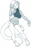 anthro armwear barefoot big_breasts biped blue_and_white breasts clothed clothing electronics feet female fishnet_armwear fishnet_clothing fishnet_handwear fishnet_topwear hair handwear headphones mammal midriff monochrome mustelid navel niis one_eye_closed otter solo standing topwear