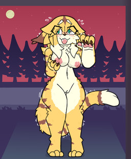 3_toes anthro areola big_breasts big_tail blush blush_lines bodily_fluids breasts brown_body brown_fur chest_tuft claws cleavage clothed clothing dipstick_ears dipstick_tail ear_markings ears_down embarrassed embarrassing_nudity exhibitionism eyebrow_through_hair eyebrows feet female fur genitals green_eyes hair hand_on_breast legs_together markings multicolored_body multicolored_ears nipples nude outside pivoted_ears public public_nudity pupils raised_arm shaking shy simple_background solo standing stripes sweat sweatdrop tail tail_markings toes translucent translucent_hair tuft vulva white_body white_fur wide_hips yellow_body yellow_fur lynxafterd4rk cygames world_flipper mia_(world_flipper) felid mammal pantherine tiger absurd_res hi_res