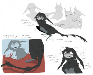 ambiguous_feral ambiguous_gender belly black_body black_feathers black_hair black_tail bodily_fluids crying feathers feral glistening grass grey_belly grey_face group hair insecure nervous nervous_smile nervous_sweat open_mouth plant red_grass reflection simple_background sweat tail tears text water water_reflection white_background jejejunum european_mythology greek_mythology mythology wither_(jejejunum) avian bird harpy mythological_avian mythological_creature nethermare 2025 digital_drawing_(artwork) digital_media_(artwork) english_text hi_res