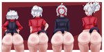 big_butt black_clothing black_horn black_tail black_topwear black_vest border bottomless butt butt_size_difference clothed clothing eyelashes female group hair hair_bun hand_on_hip horn huge_butt looking_at_viewer looking_back looking_back_at_viewer rear_view red_background red_clothing red_eyes red_topwear short_hair simple_background smile tail tan_body tan_skin thick_thighs topwear vest white_border white_hair white_horn wide_hips suvorovsatbo helltaker justice_(helltaker) lucifer_(helltaker) malina_(helltaker) zdrada_(helltaker) demon demon_humanoid horned_humanoid humanoid tailed_humanoid absurd_res hi_res