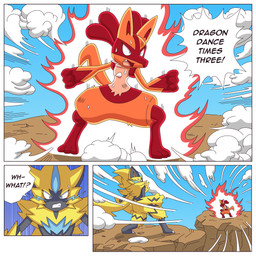 ambiguous_gender angry anthro blue_body blue_eyes blue_fur dialogue duo fur tail text yellow_body yellow_fur ragster_(artist) nintendo pokemon canid canine felid generation_4_pokemon generation_7_pokemon legendary_pokemon lucario mammal pokemon_(species) zeraora 1:1 comic digital_media_(artwork) english_text hi_res