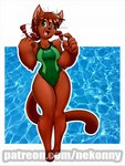 accessory anthro breasts brown_body brown_fur clothing female fur green_eyes hair hair_accessory looking_at_viewer one-piece_swimsuit open_mouth open_smile paws ponytail smile snout solo swimwear thick_thighs transformation water whiskers nekonny sammy_(imew) domestic_cat felid feline felis mammal