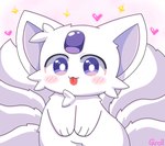 9_tails blep blush blush_lines female feral fluffy fluffy_tail fur gem heart_symbol multi_tail purple_eyes solo tail tongue tongue_out white_body white_fur caroll makemon amber_(makemon) canid canine fox fox_spirit mammal absurd_res hi_res