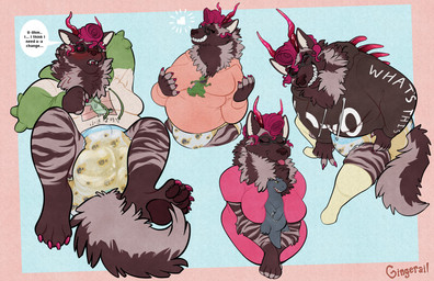 4_toes 5_fingers anthro back_spikes between_breasts black_sclera blue_background border breasts brown_body brown_clothing brown_fur brown_hoodie brown_pawpads brown_stripes brown_topwear claws clean_diaper clothed clothing colored_nails dialogue diaper digitigrade ellipsis eyewear fangs feces feet female fingerless_(marking) fingerless_gloves_(marking) fingernails fingers footwear footwear_only fur glasses gloves_(marking) grey_eyewear grey_glasses hair hand_behind_head hand_on_breast head_horn heart_symbol holding_object holding_plushie hoodie horn legwear looking_at_viewer lying markings mostly_nude multicolored_hoodie nails on_back open_mouth owo pawpads pink_border pink_clothing pink_fingernails pink_hair pink_hoodie pink_horn pink_nails pink_shirt pink_spikes pink_toenails pink_topwear plushie round_glasses sharp_teeth shirt simple_background sitting smile socks socks_only soiled_diaper solo speech_bubble spikes spikes_(anatomy) standing stripes teeth text text_on_clothing text_on_hoodie text_on_topwear thigh_highs thigh_socks toe_claws toenails toes tongue tongue_out topwear unclean_diaper used_diaper wearing_diaper wearing_glasses white_inner_ear yellow_clothing yellow_footwear yellow_legwear yellow_socks yellow_thigh_highs yellow_thigh_socks gingerail godzilla_(series) mythology owo_whats_this toho tykables bri_(kalash) godzilla canid canid_demon canine demon hellhound hyena mammal mythological_canine mythological_creature artist_name english_text japanese_text meme multiple_scenes translation_request trans_(lore) trans_woman_(lore)