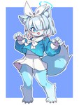 accessory anthro blue_body blue_eyes blue_fur blue_hair blush bottomwear bow_tie braided_hair clothing eyelashes female fur hair hair_accessory hairband halo long_sleeves sailor_uniform short_hair simple_background single_braid skirt smile smiling_at_viewer solo standing tail lk149 blue_archive arona_(blue_archive) domestic_cat felid feline felis mammal 2025 absurd_res hi_res