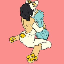 anthro atomic_paws69 bent_legs big_penis bodily_fluids duo erection fellatio female genitals huge_penis hugging_penis hyper hyper_genitalia hyper_penis kneeling male male/female oral pawpads paws penile penis penis_tip sex size_difference sweat sweatdrop angel lagomorph leporid mammal rabbit 1:1