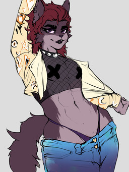 abs anthro bedroom_eyes bottomwear cheek_tuft clothed clothing collar crop_top denim denim_bottomwear denim_clothing facial_tuft femboy fishnet_clothing fishnet_shirt fishnet_topwear fur grey_background hair half-closed_eyes jeans lips male mesh_top midriff multicolored_body multicolored_fur narrowed_eyes nipple_tape open_clothing open_mouth open_shirt open_smile open_topwear pants pasties pecs purple_body purple_fur red_hair seductive shirt simple_background smile smirk smug smug_face solo studded_collar studs tape thong topwear tuft two_tone_body two_tone_fur underwear cozymun munsy_(blaxat) felid feline lynx mammal 3:4 absurd_res digital_media_(artwork) hi_res
