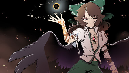 3_eyes accessory arm_markings black_wings bottomwear bow_ribbon chest_eye clothed clothed_female clothed_humanoid clothing female frown glowing glowing_markings green_bottomwear green_clothing green_skirt hair_accessory hair_bow hair_ribbon hazard_symbol markings multi_eye radiation_symbol red_eyes ribbons skirt solo symbol torn_clothing white_bottomwear white_clothing white_skirt wings kawayabug touhou utsuho_reiuji animal_humanoid avian avian_humanoid bird bird_humanoid corvid corvid_humanoid corvus_(genus) corvus_humanoid humanoid oscine passerine raven_humanoid winged_humanoid 16:9 2019 hi_res widescreen