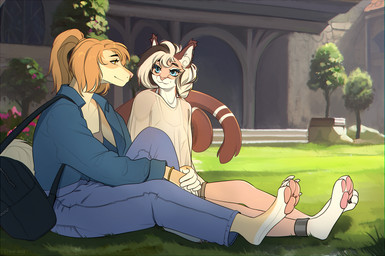 2_tails anthro backpack barefoot biped blonde_hair blue_clothing blue_eyes blue_jacket blue_topwear bottomwear building claws clothed clothing duo eyebrow_piercing eyebrows eyelashes facial_piercing feet female fully_clothed grass hair hindpaw jacket multi_tail nose_piercing outside pawpads paws piercing pink_pawpads plant septum_piercing shirt shorts shrub sitting tail toe_claws topwear translucent translucent_clothing translucent_topwear yellow_eyes chloe-dog cleo_(chloe-dog) borzoi canid canine canis domestic_dog felid feline hunting_dog mammal sighthound 2023 digital_media_(artwork) shaded