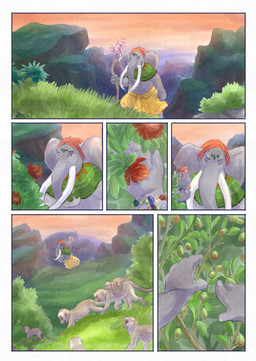 ambiguous_gender anthro berry biped clothing day eyes_closed feral flower food fruit grass grey_body group horn male outside plant proboscis_(anatomy) sky trunk_(anatomy) walking young young_ambiguous young_feral bjekkergauken isilo_(bjekkergauken) elephant elephantid haplorhine mammal monkey primate proboscidean 2025 colored comic hi_res