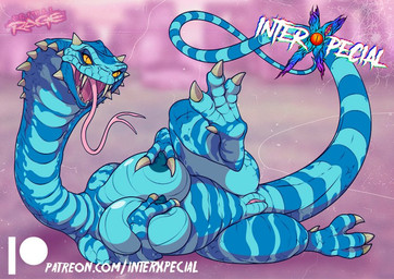 big_breasts blue_body blue_scales bodily_fluids breast_grab breasts busty_feral claws female feral forked_tongue genitals grabbing_own_breast hand_on_breast long_tail long_tongue nipples saliva scales sharp_teeth solo spikes striped_body stripes tail teeth tongue vulva interxpecial primal_rage vertigo_(primal_rage) cobra dinosaur prehistoric_species reptile scalie snake watermark