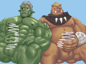 anthro balls belly blue_background bodily_fluids duo erection genitals green_body humanoid_genitalia humanoid_hands humanoid_penis male male/male masturbation moobs muscular muscular_male nipples overweight overweight_male pecs penis simple_background sitting sweat genta_iwayama that_time_i_got_reincarnated_as_a_slime geld_(that_time_i_got_reincarnated_as_a_slime) rigurd_(that_time_i_got_reincarnated_as_a_slime) goblin humanoid mammal orc suid suine sus_(pig) wild_boar 2021 censored