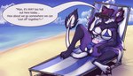 animal_genitalia anthro balls beach beach_chair big_breasts bikini breasts clothing cloud dialogue eyewear feathers fluffy genitals gradient_hair gynomorph hair holding_eyewear holding_object holding_sunglasses ineffective_clothing inner_ear_fluff intersex looking_at_viewer multicolored_body neck_tuft outdoor_nudity pawpads purple_body purple_feathers purple_hair sheath sitting solo speech_bubble string_bikini sunglasses swimwear tail tail_tuft talking_to_viewer tuft two-piece_swimsuit water white_body white_feathers womb_tattoo fonabun seiun_(golddrake) avali absurd_res hi_res