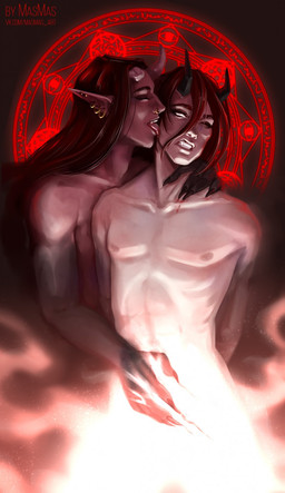 corruption dominant duo hair licking long_hair magic magic_circle male male/male not_furry piercing submissive tongue tongue_out masmas demon humanoid hi_res
