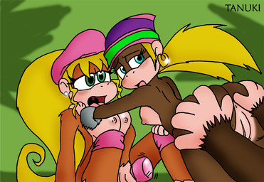 anthro blonde_hair ear_piercing ear_ring female female/female genitals group hair hoop_ear_ring nude piercing ring_piercing tanuki_(2) vulva donkey_kong_(series) nintendo dixie_kong donkey_kong_(character) tiny_kong haplorhine mammal monkey primate