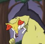 2014 ambiguous_gender black_body black_fur bodily_fluids braixen canid canine drooling duo eyes_closed feral fur generation_2_pokemon generation_6_pokemon inner_ear_fluff looking_down mammal nintendo open_mouth outside plant pokemon pokemon_(species) red_body red_eyes red_fur red_nose rorix saliva size_difference stick teeth tree tuft typhlosion vore white_body white_fur yellow_body yellow_fur